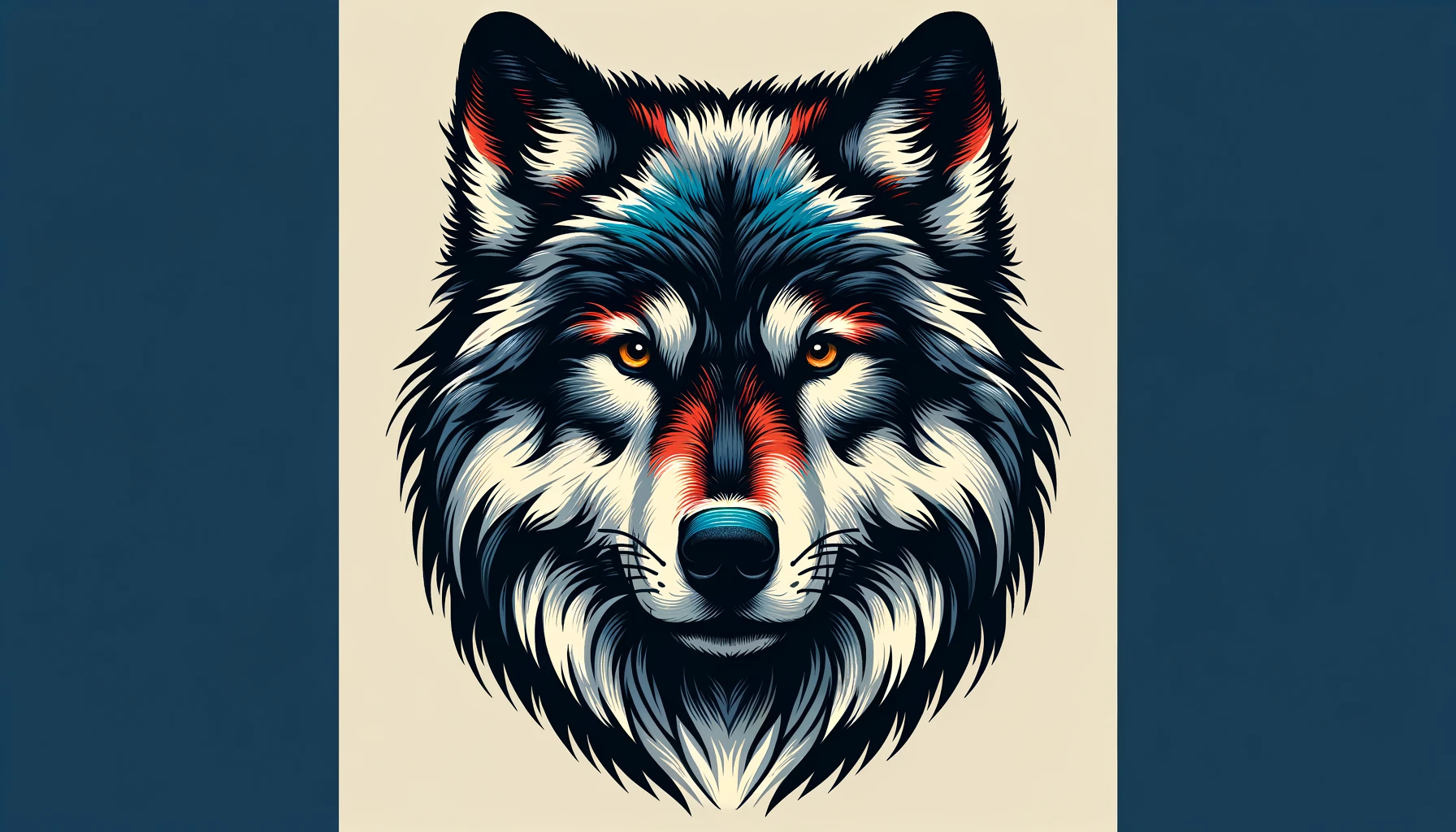 DALL·E 2024-02-20 21.05.53 - A flat illustration of a wolf's face, close-up, intense eyes, detailed fur texture, using a vibrant, limited color palette. The wolf appears powerful