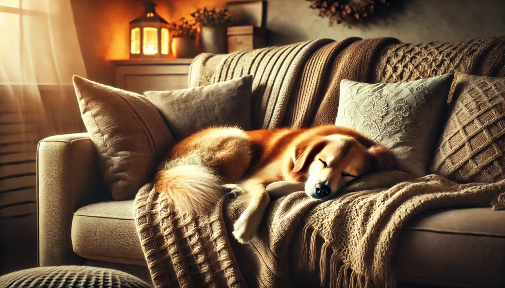 ソファの上で横たわる犬　眠っている